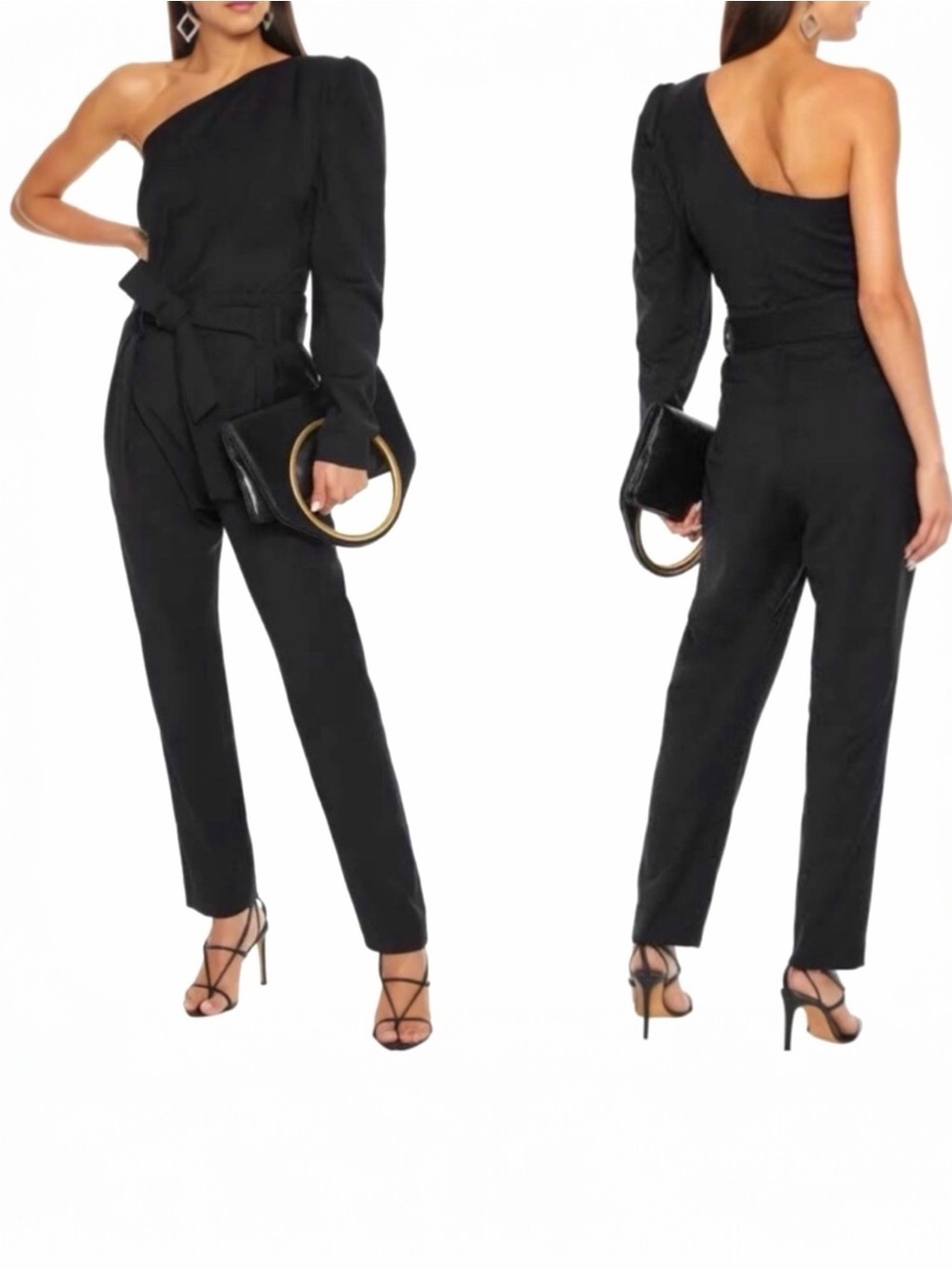 IRO Harabel Wool One Shoulder Puff Sleeve Belt Tailored Pleated Jumper Jumpsuit